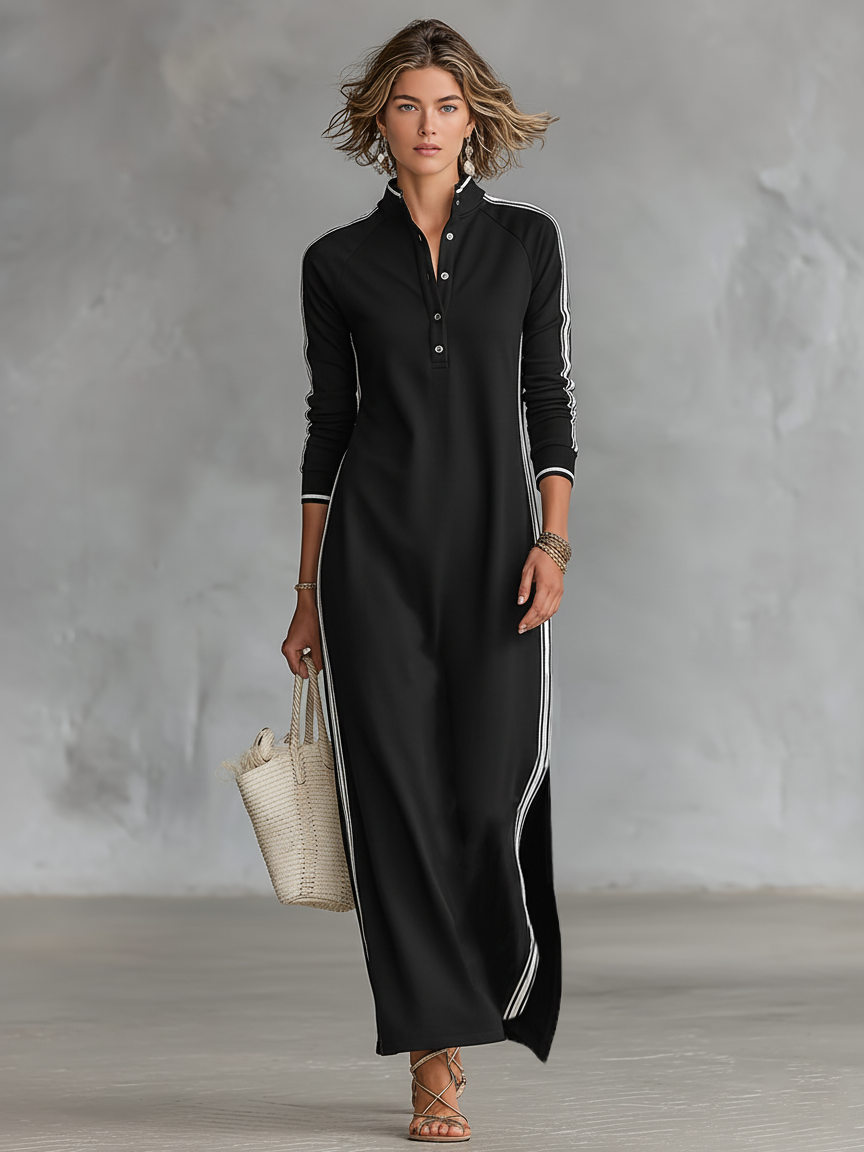 Vestido largo de mujer estilo minimalista con cuello camisero, botones y ribetes blancos