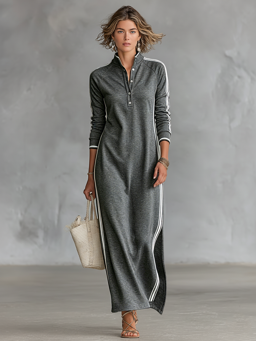 Vestido largo de mujer estilo minimalista con cuello camisero, botones y ribetes blancos