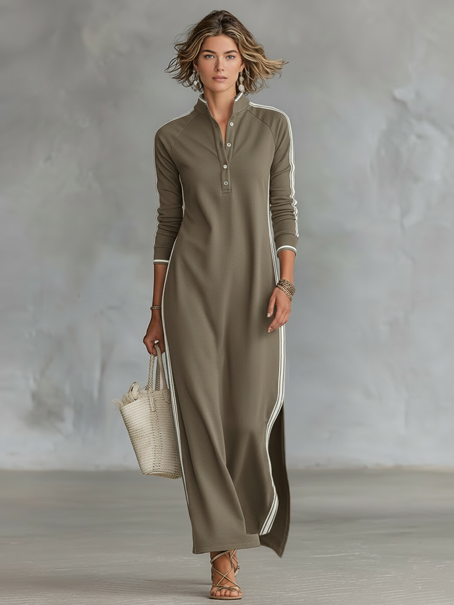 Vestido largo de mujer estilo minimalista con cuello camisero, botones y ribetes blancos