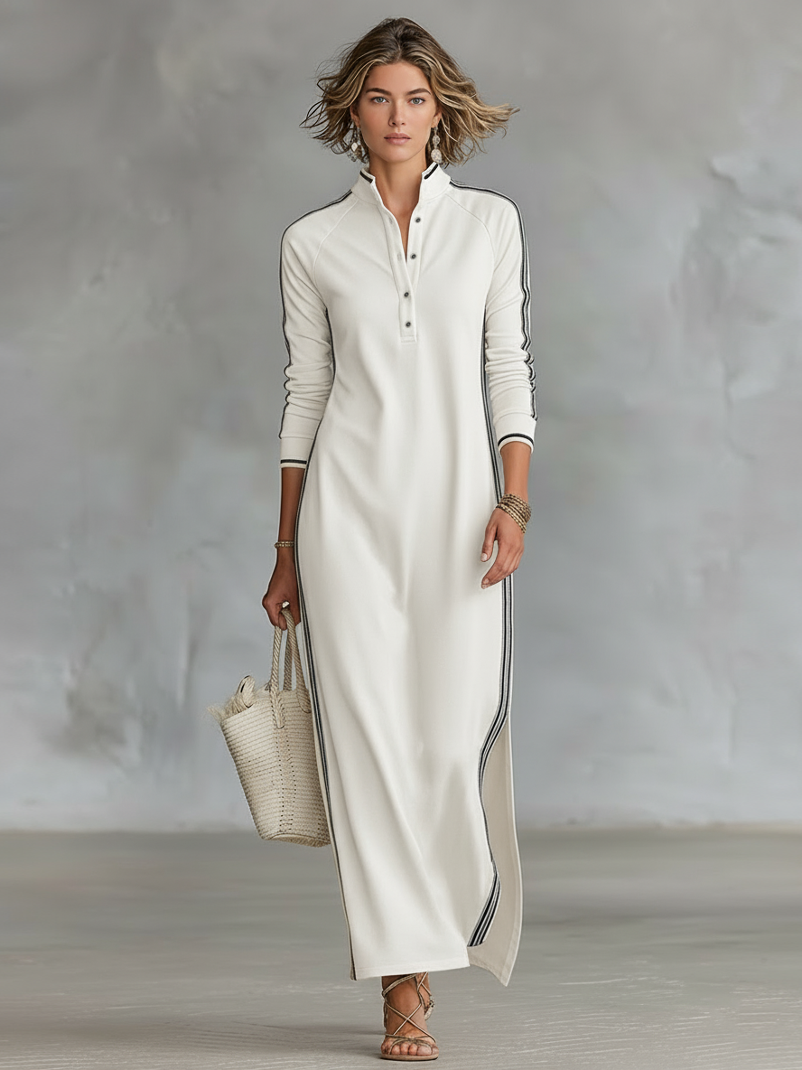 Vestido largo de mujer estilo minimalista con cuello camisero, botones y ribetes blancos