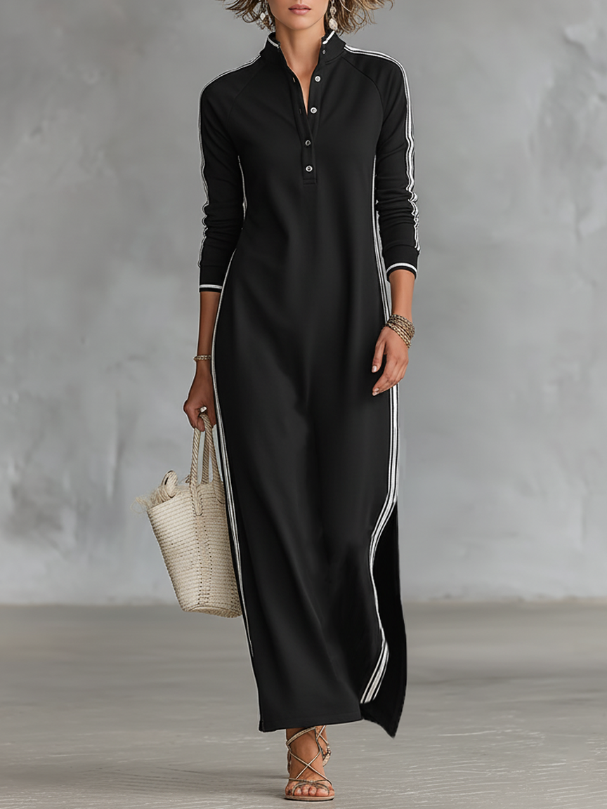 Vestido largo de mujer estilo minimalista con cuello camisero, botones y ribetes blancos