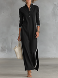 Vestido largo de mujer estilo minimalista con cuello camisero, botones y ribetes blancos