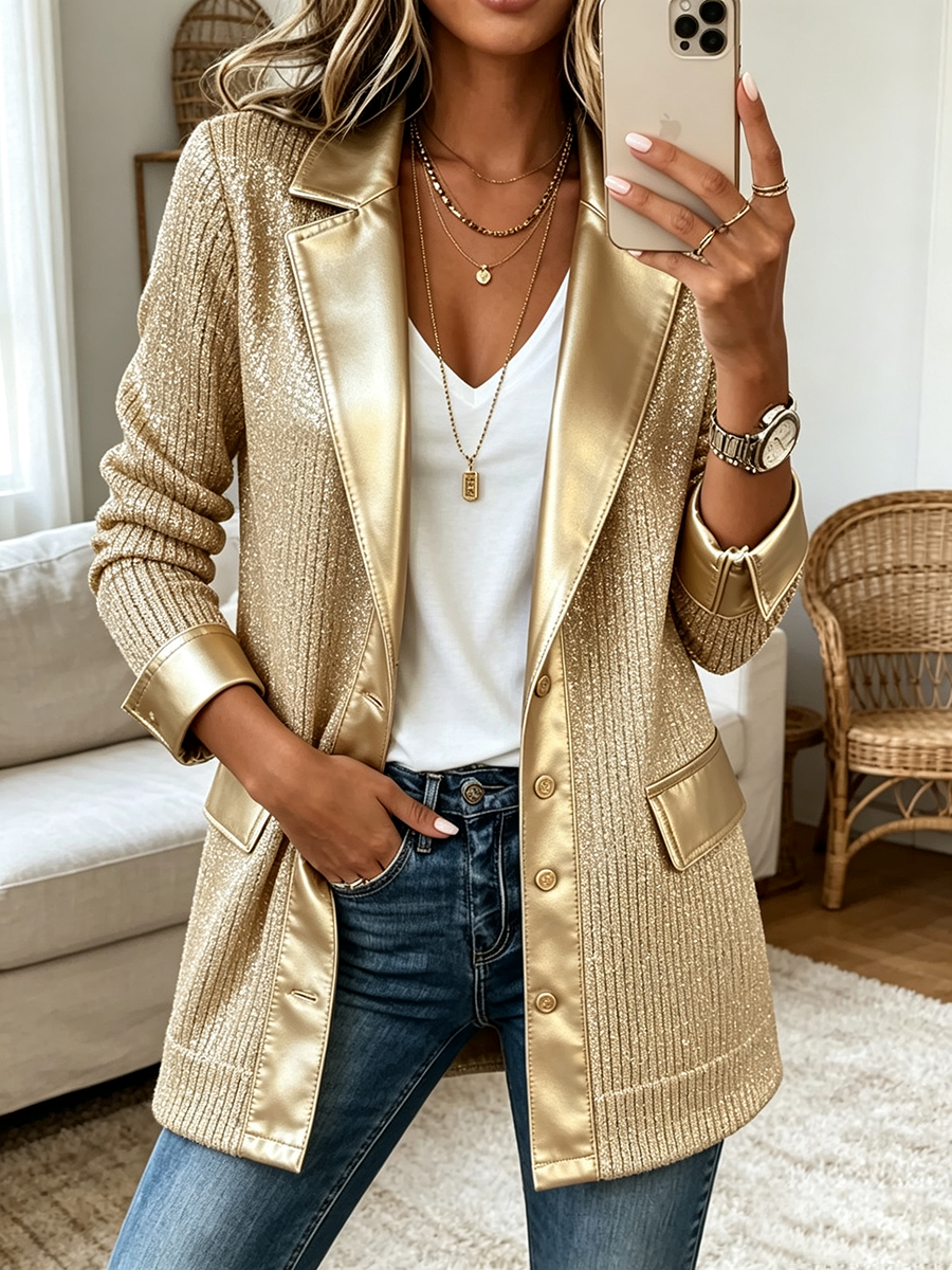 Blazer de Punto Elegante en Tono Dorado con Sofisticados Detalles de Cuero Sintético