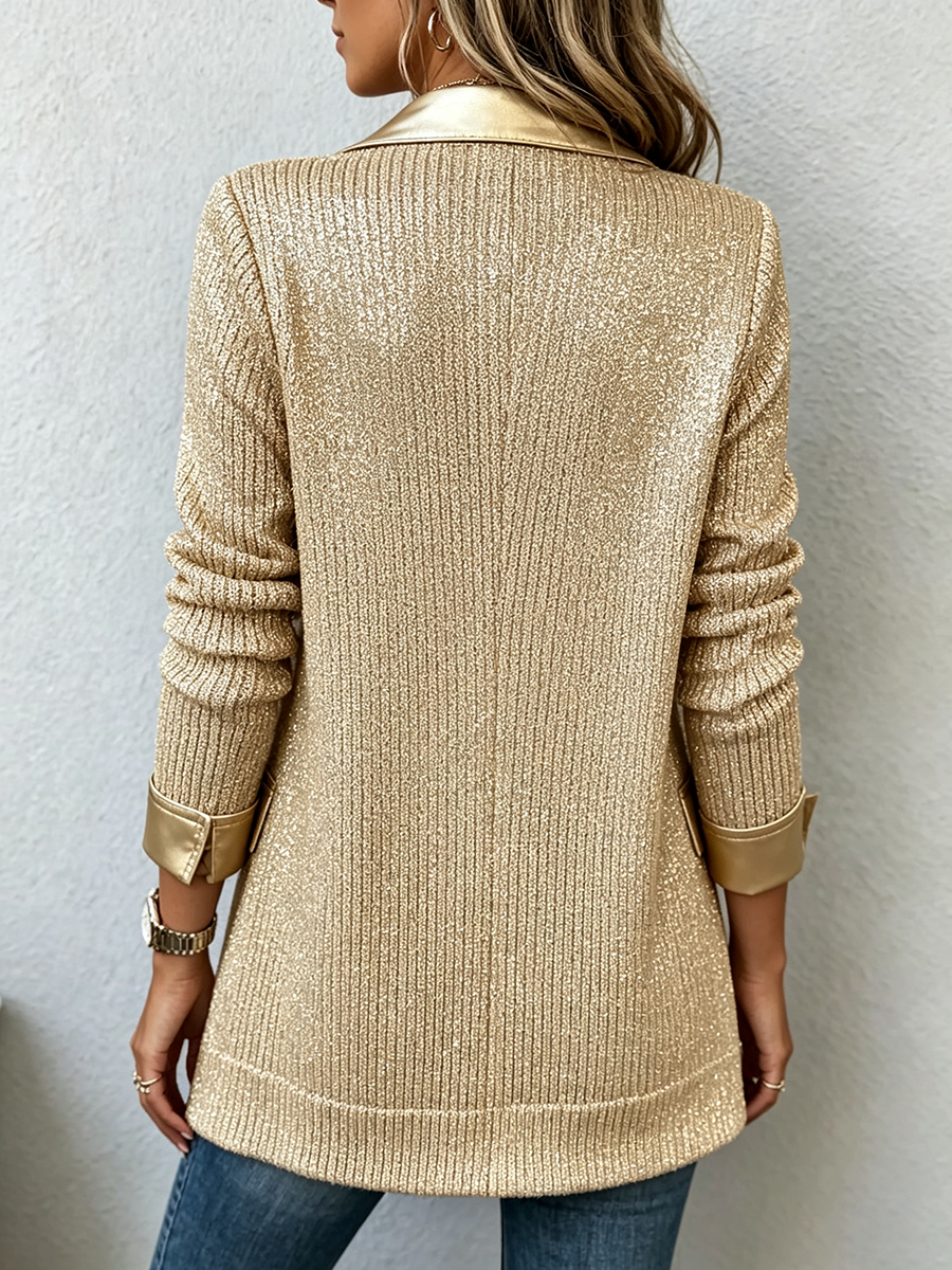 Blazer de Punto Elegante en Tono Dorado con Sofisticados Detalles de Cuero Sintético