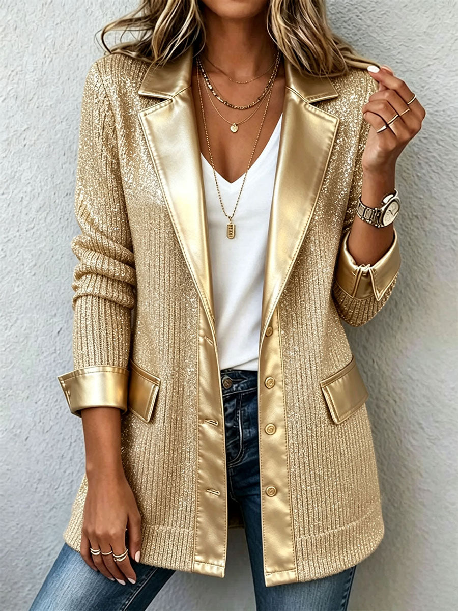 Blazer de Punto Elegante en Tono Dorado con Sofisticados Detalles de Cuero Sintético