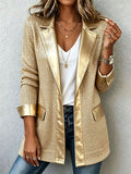 Blazer de Punto Elegante en Tono Dorado con Sofisticados Detalles de Cuero Sintético