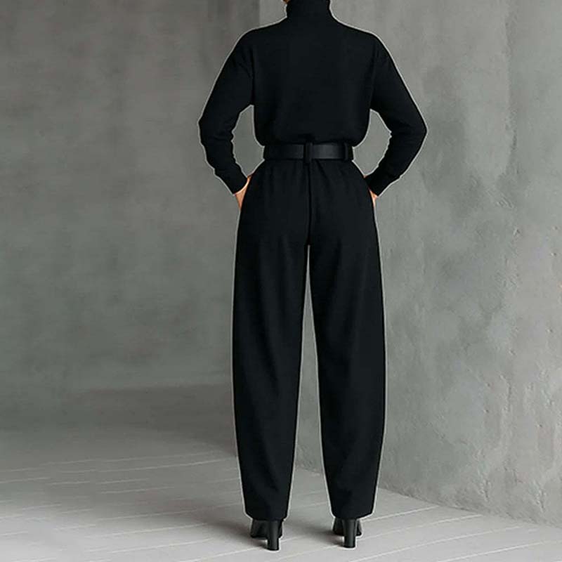 Conjunto Elegante de Mujer de Dos Piezas con Cuello Alto y Pantalón de Cintura Alta