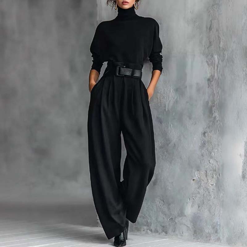 Conjunto Elegante de Mujer de Dos Piezas con Cuello Alto y Pantalón de Cintura Alta