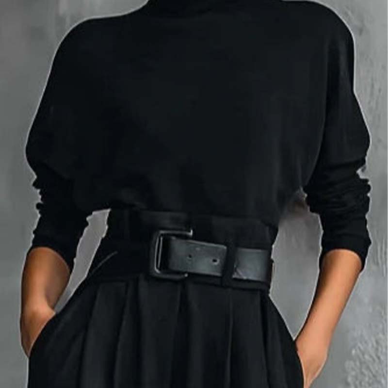 Conjunto Elegante de Mujer de Dos Piezas con Cuello Alto y Pantalón de Cintura Alta