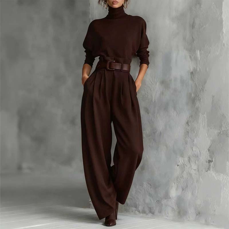 Conjunto Elegante de Mujer de Dos Piezas con Cuello Alto y Pantalón de Cintura Alta