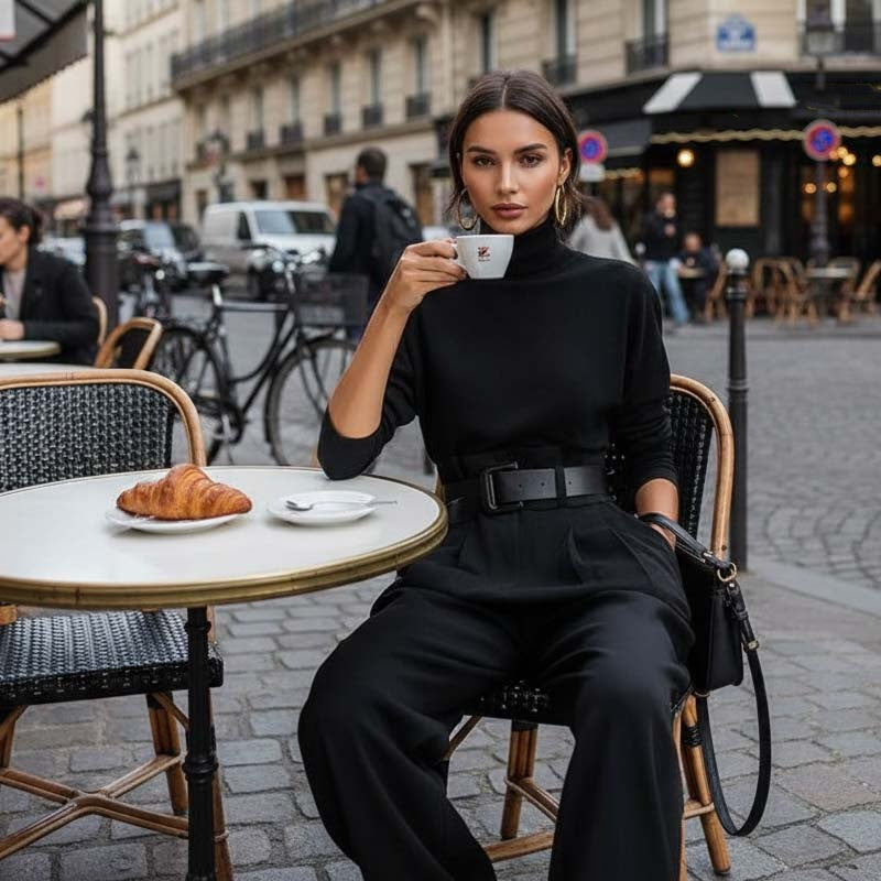 Conjunto Elegante de Mujer de Dos Piezas con Cuello Alto y Pantalón de Cintura Alta